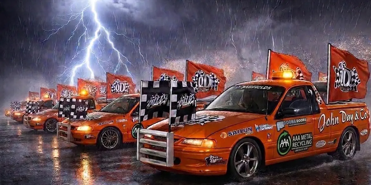 Race utes in a storm with custom flags