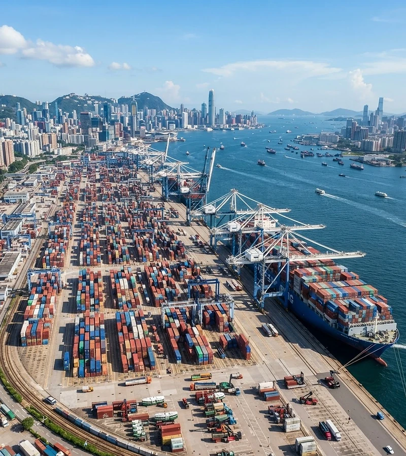South China container port, cranes loading a cargo ship