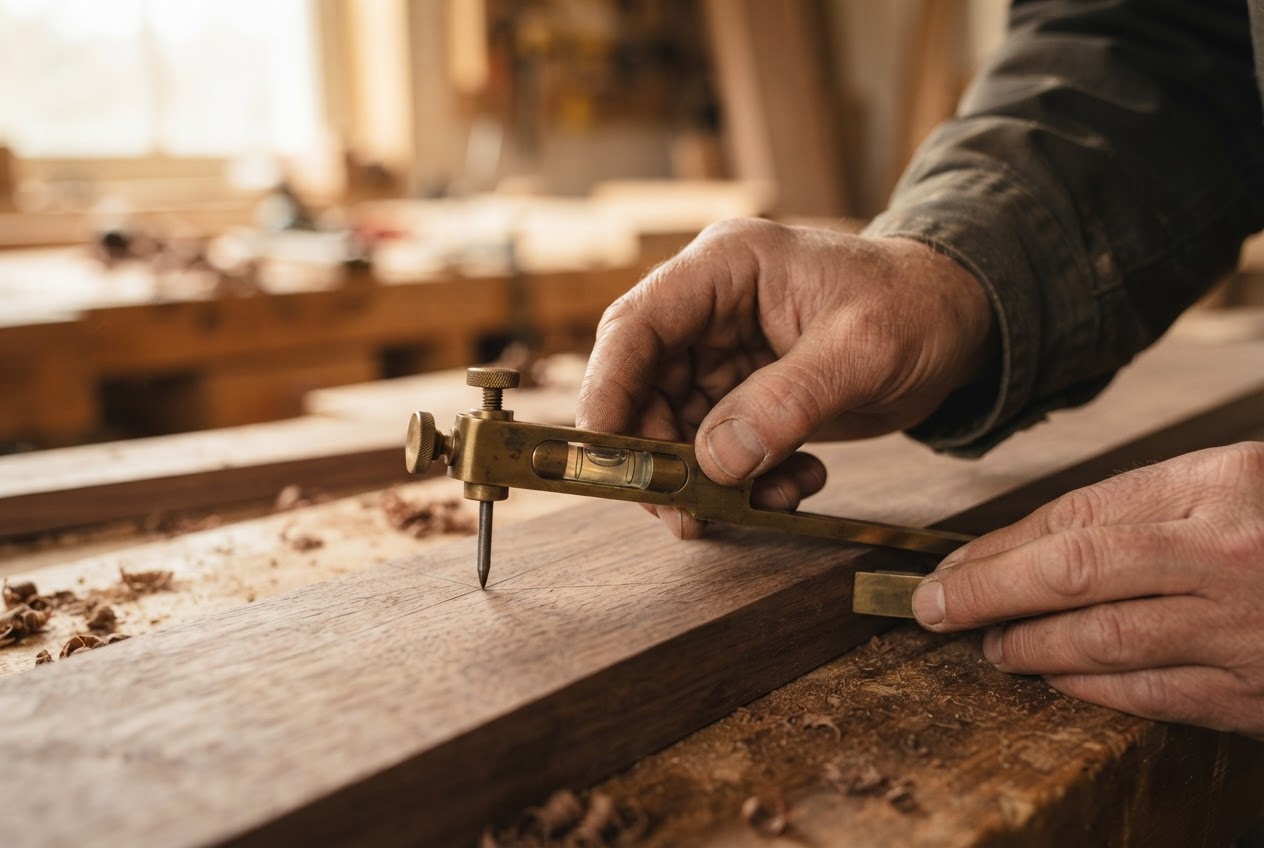 A craftsman using a brass compass level on high-grade timber