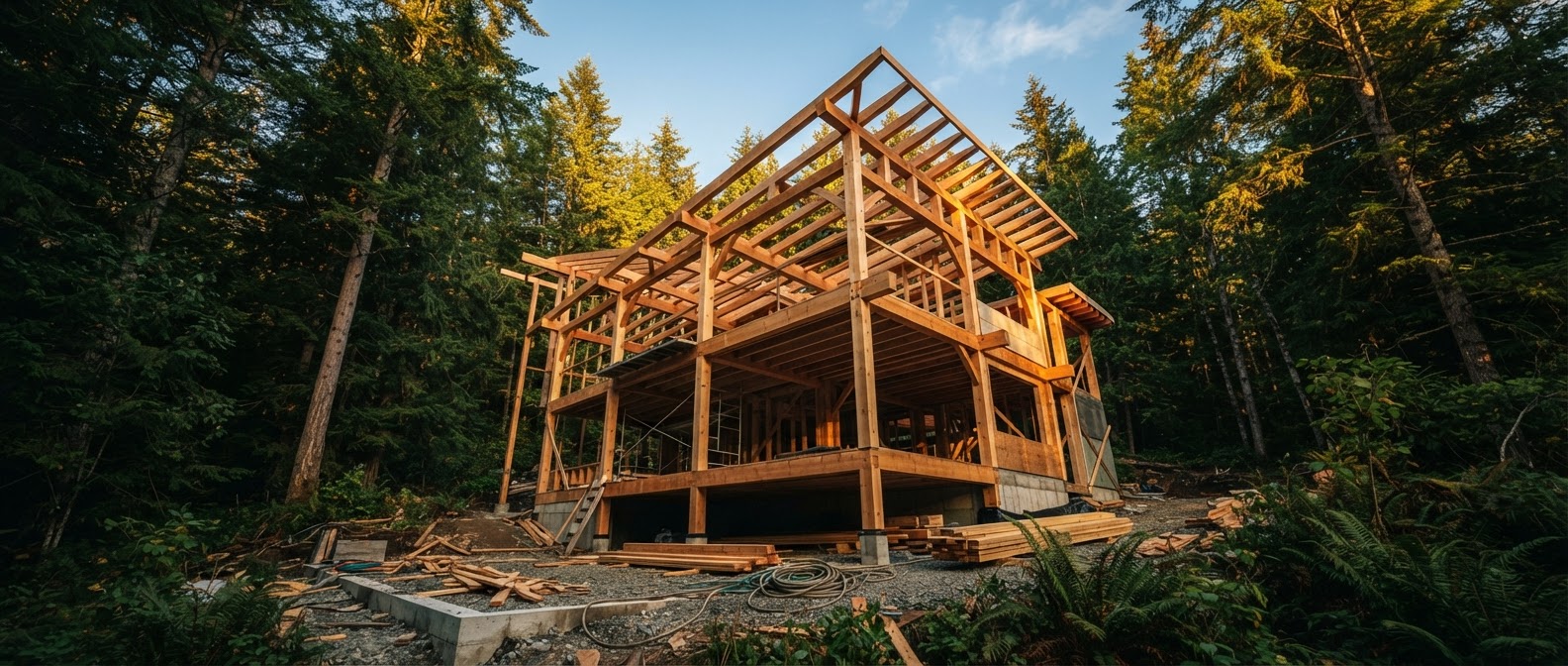 Modern home under construction in a lush Washington forest at golden hour