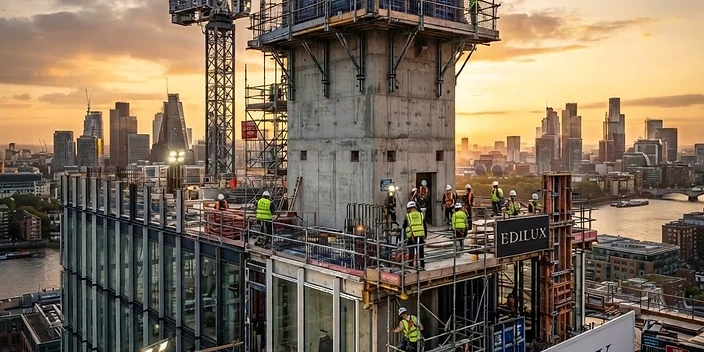 Cantiere edile organizzato con operai e segnaletica EDILUX
