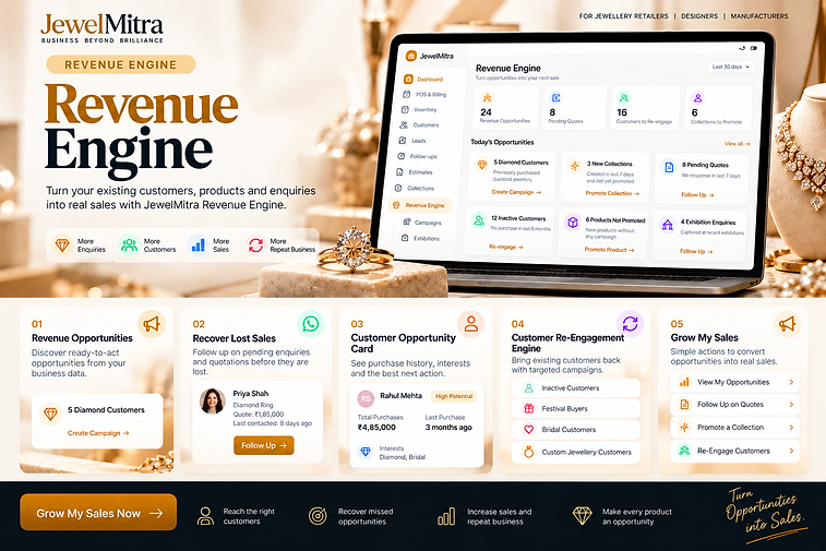 JewelMitra Revenue Engine overview showing growth opportunities and customer follow-ups