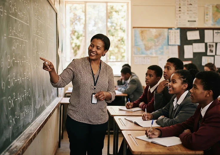 A mentor teacher guiding engaged South African students through mathematics