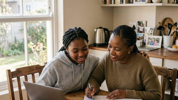 A South African parent sitting with her daughter at a kitchen table, helping her with homework while she works on a laptop