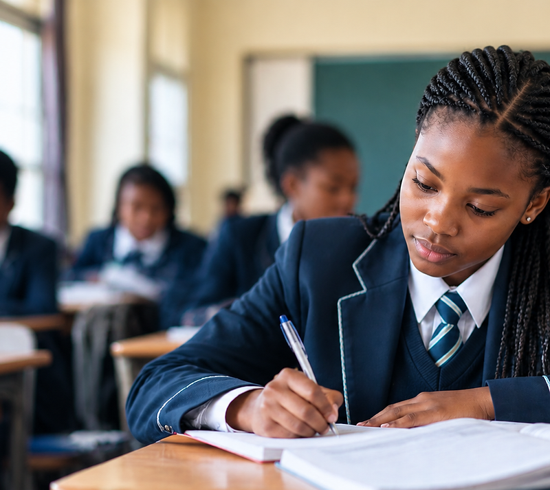 A learner writing in a notebook at a desk in a sunlit classroom