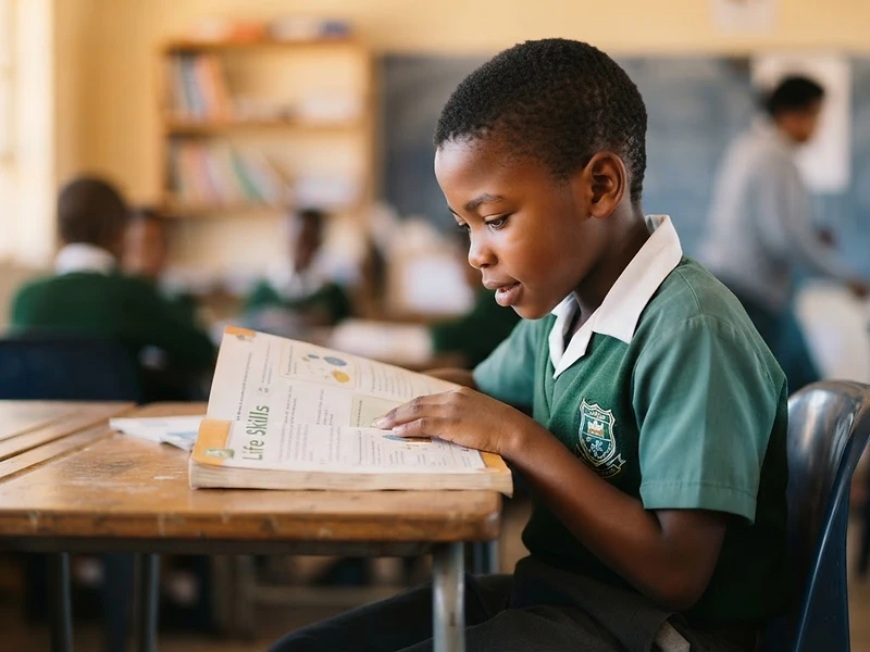 A student in a moment of discovery, reading intently in warm morning light