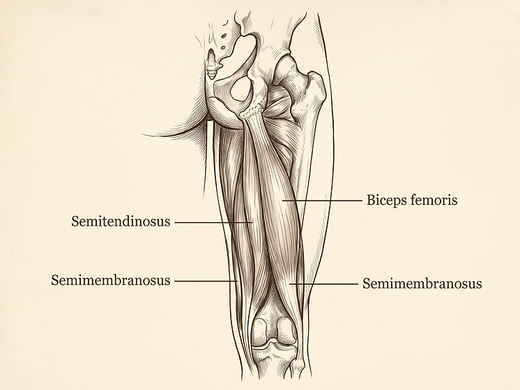 Real anatomy photo spot: biceps femoris, semitendinosus, semimembranosus at the back of the thigh