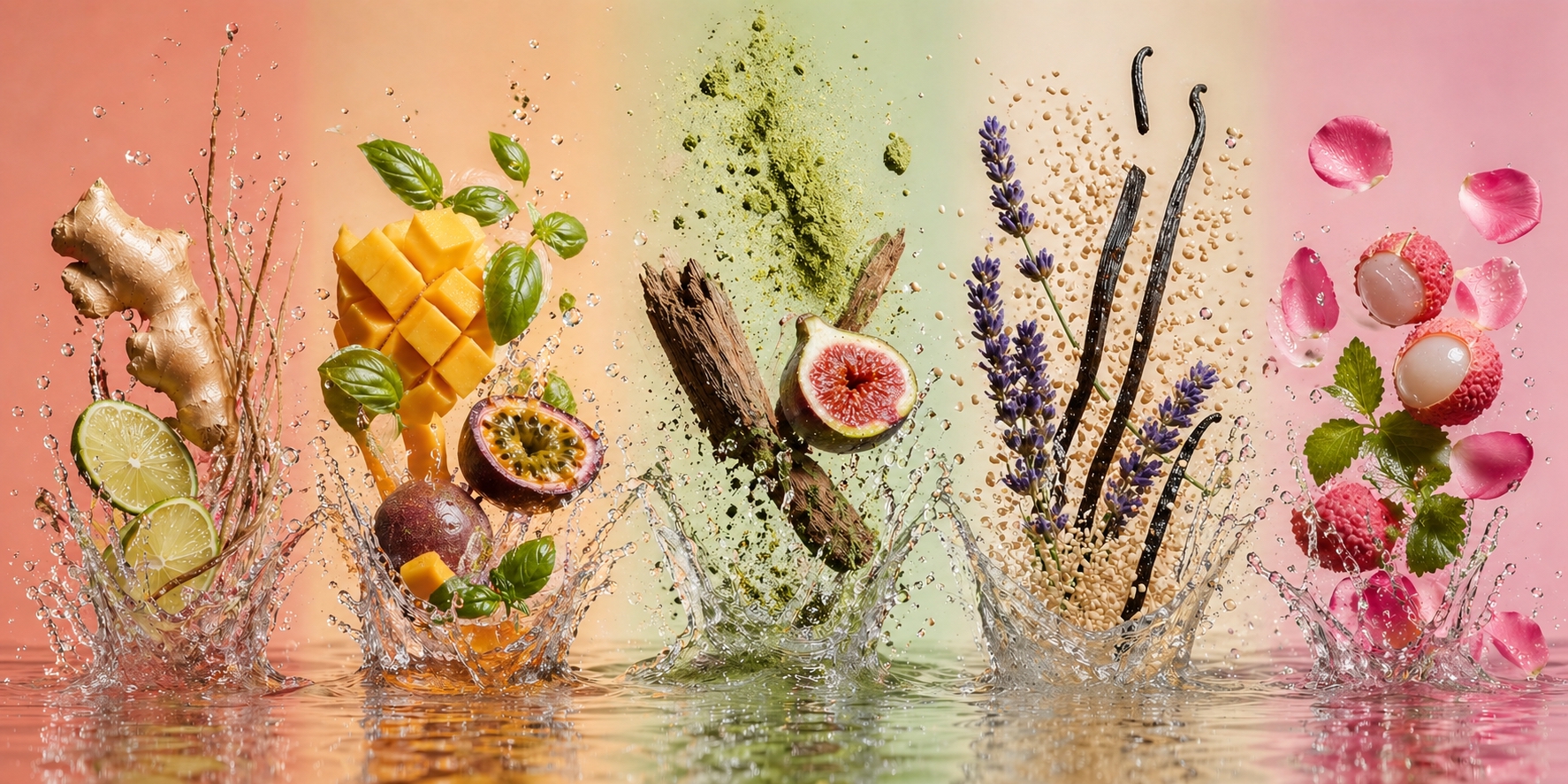 Les cinq univers NOW Perfume — Ginger Shot, Smoothie Passion, Matcha Tea, Latte Vanille, Infusion Rose