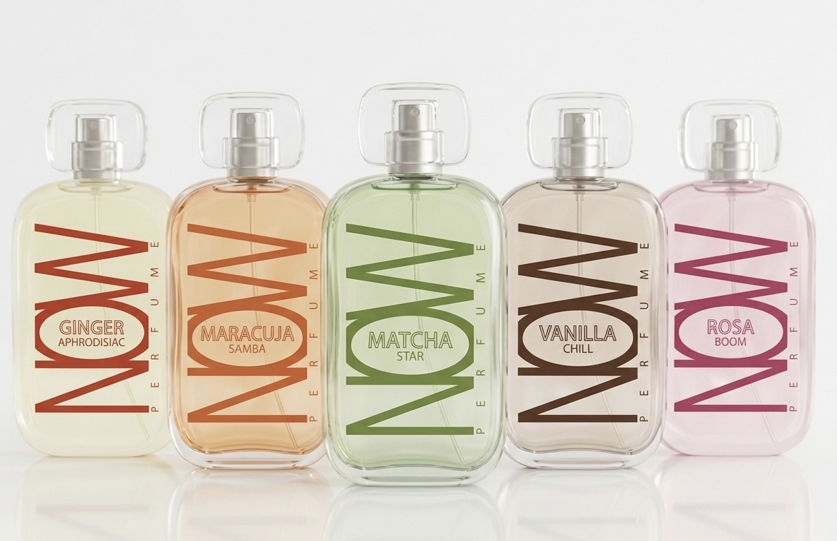 Les cinq flacons NOW Perfume — Ginger Aphrodisiac, Maracuja Samba, Matcha Star, Vanilla Chill, Rosa Boom