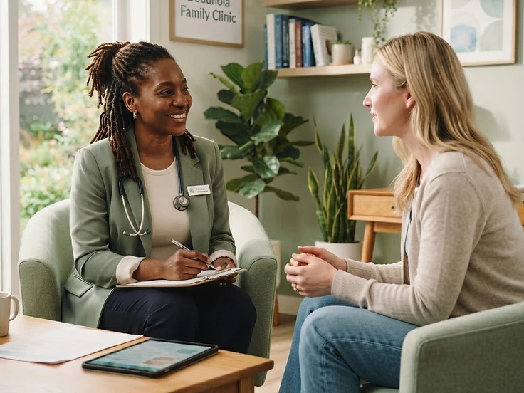 A compassionate professional in a warm, bright consultation space
