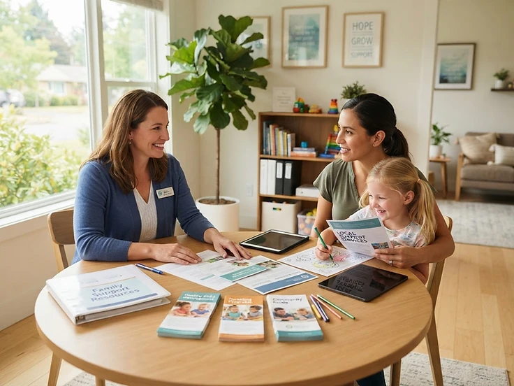 A support specialist working with a parent and child around a table