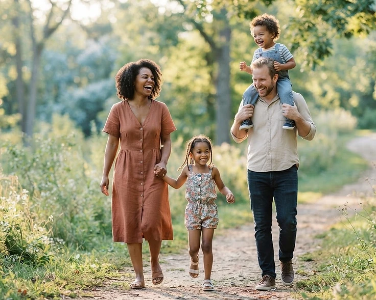 A diverse family sharing a joyful moment outdoors in soft natural light