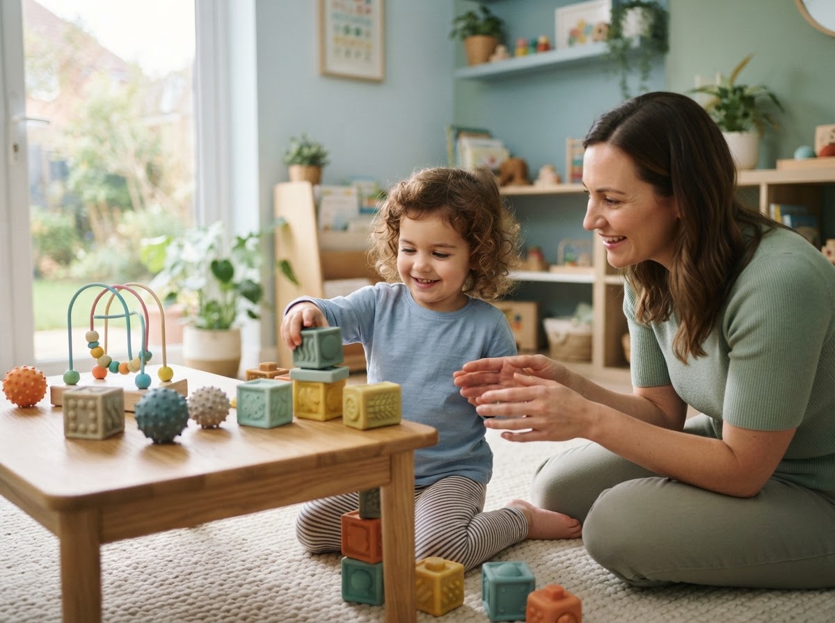 A child engaged in playful sensory learning with a supportive adult nearby