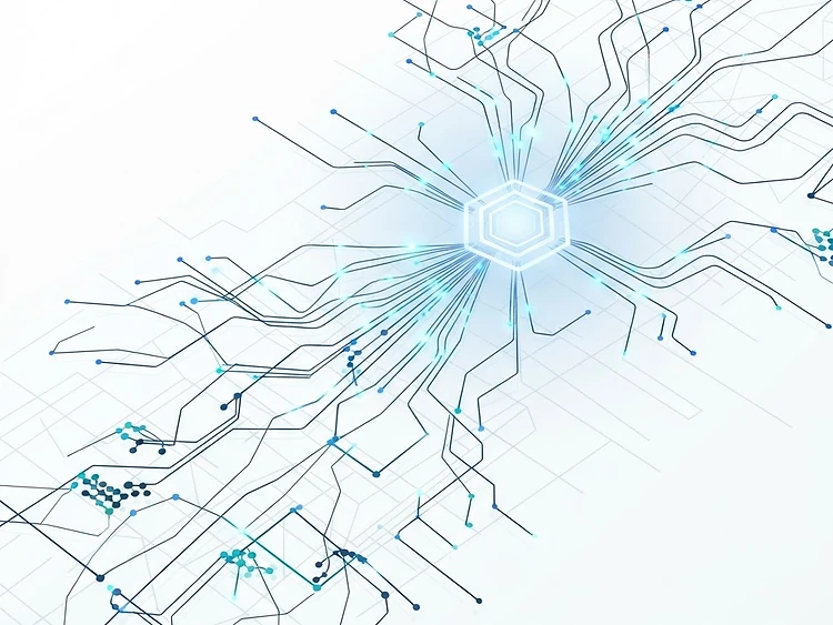 Abstract digital grid with data pulses converging on a central core
