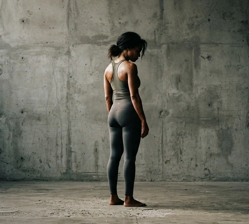 A strong postpartum woman in grounded stillness against raw concrete