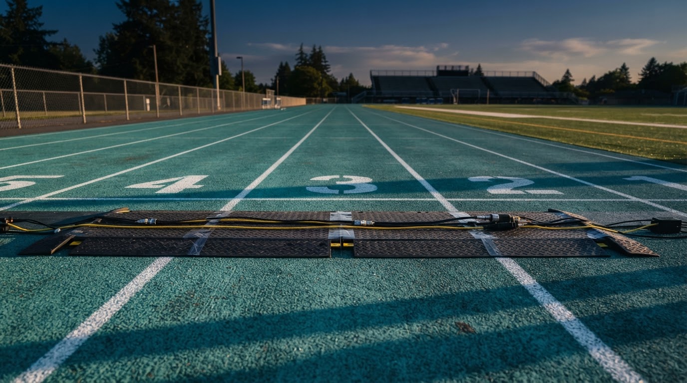 RFID timing mat across a finish line at golden hour