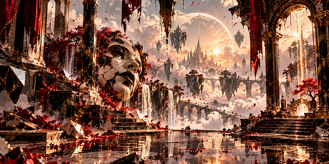 Gold-veined cathedral arches framing floating palaces, crimson trees and a moonlit sky