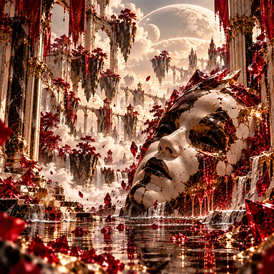 A monumental fractured ivory face surrounded by ruby crystals, waterfalls and floating architecture