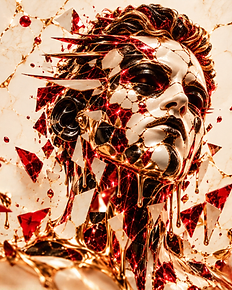 An ivory sculptural face fractured with crimson crystal and molten gold