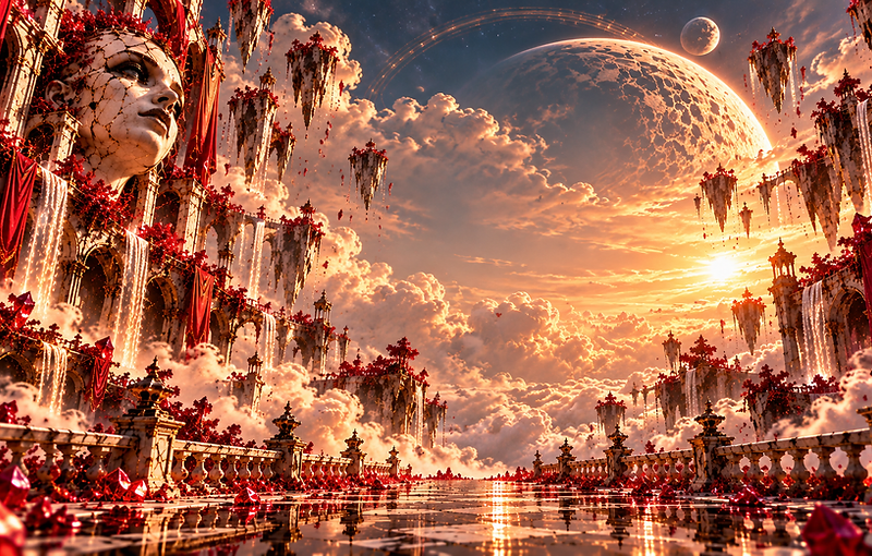 An endless avenue of floating ivory temples and crimson crystals beneath a golden celestial sky