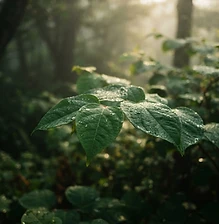 Japanese knotweed leaves in morning mist