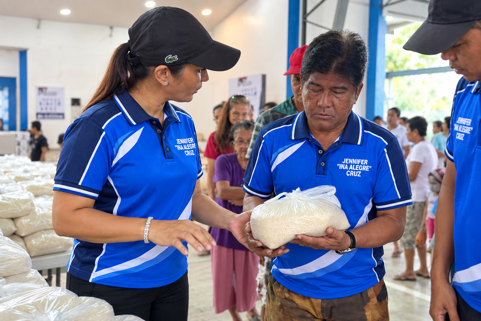Mayor Jennifer Mindanao-Cruz nagbibigay ng sako ng bigas sa residente sa panahon ng rice distribution activity.