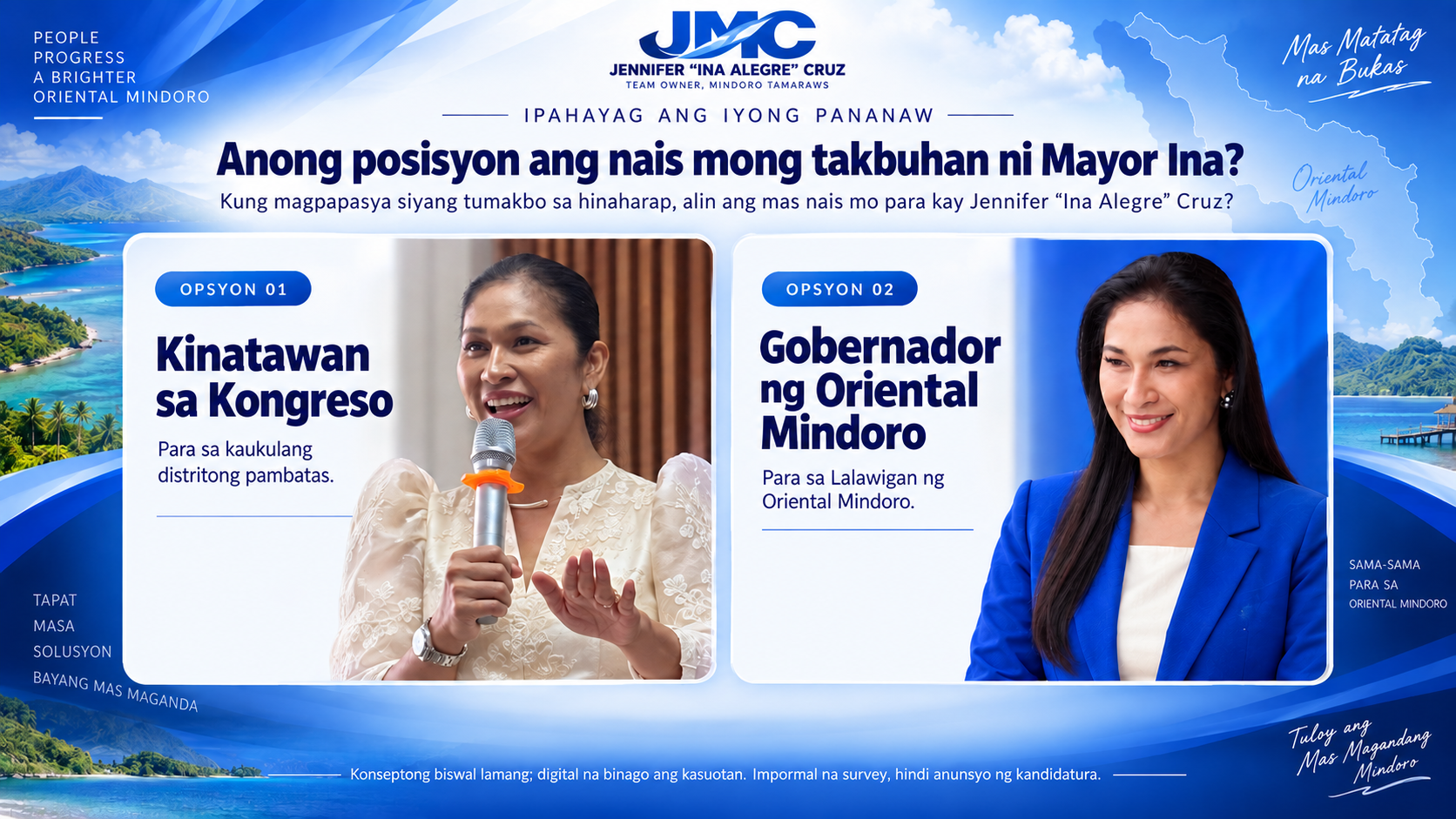 Dalawang opsyon: Kinatawan sa Kongreso at Gobernador ng Oriental Mindoro, kasama si Jennifer “Ina Alegre” Cruz.