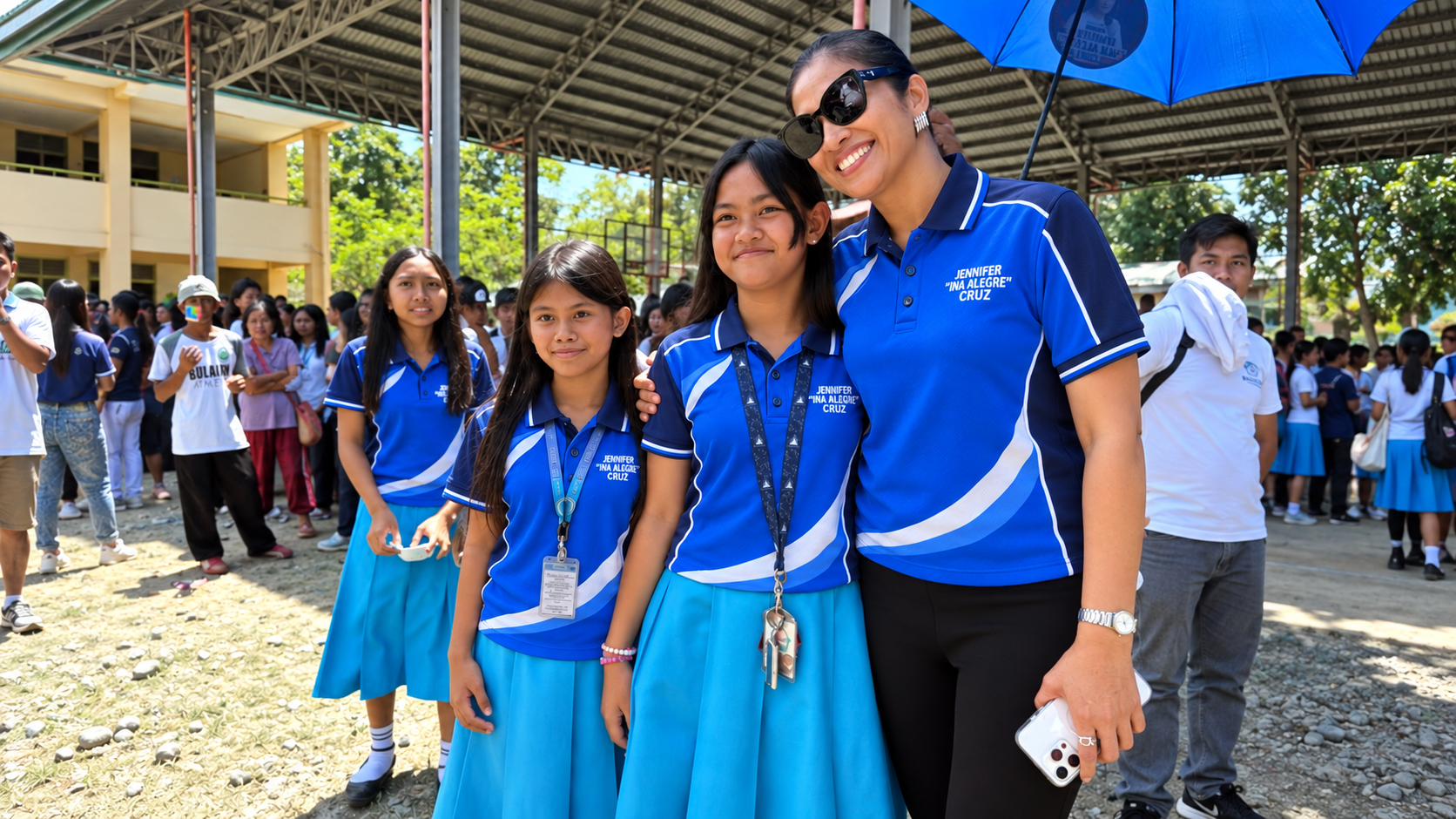 Mayor Jennifer Mindanao-Cruz standing with three students outdoors at a school during a gathering.