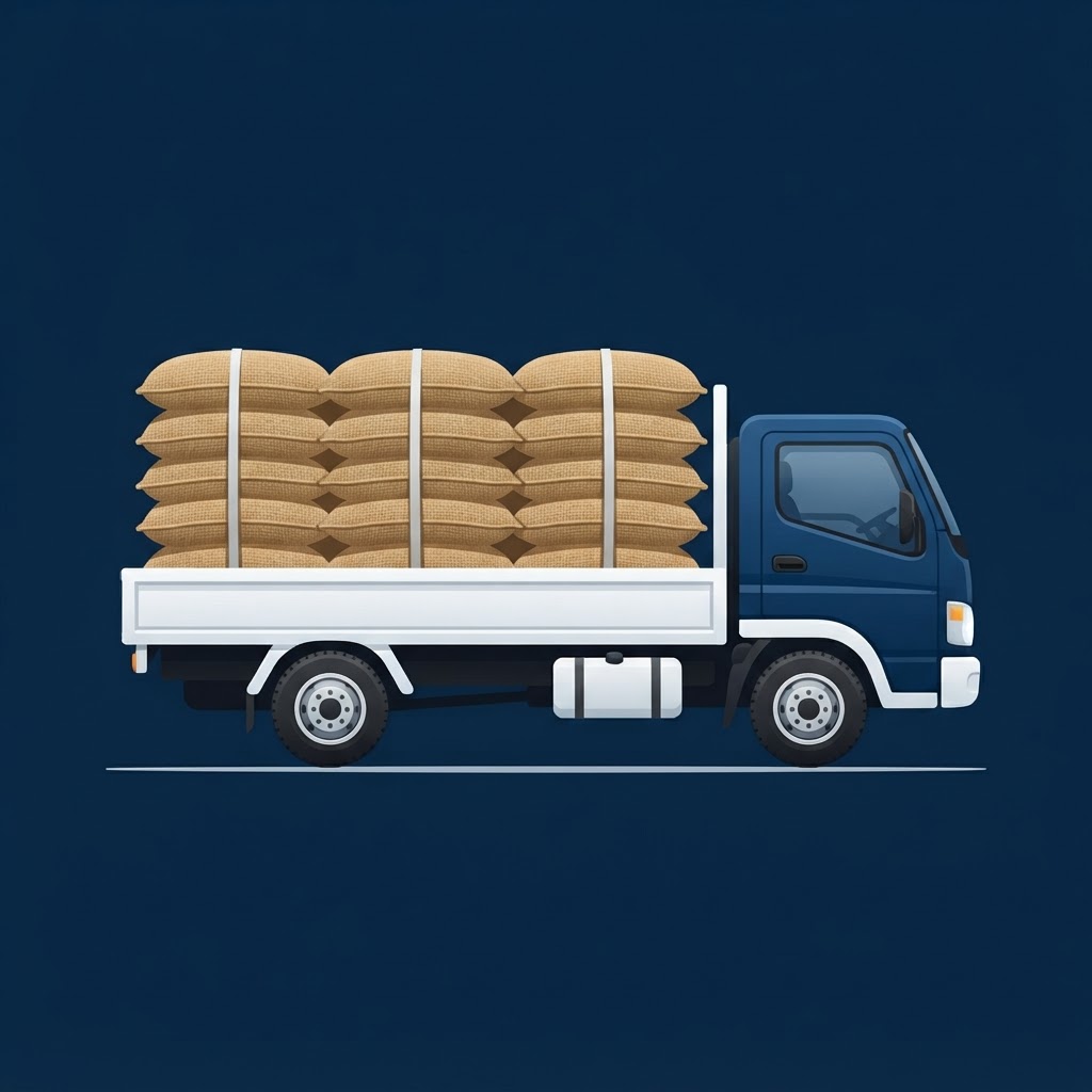 Puting delivery truck na nagdadala ng mga sako ng bigas para sa mga magsasaka sa Matulatula.