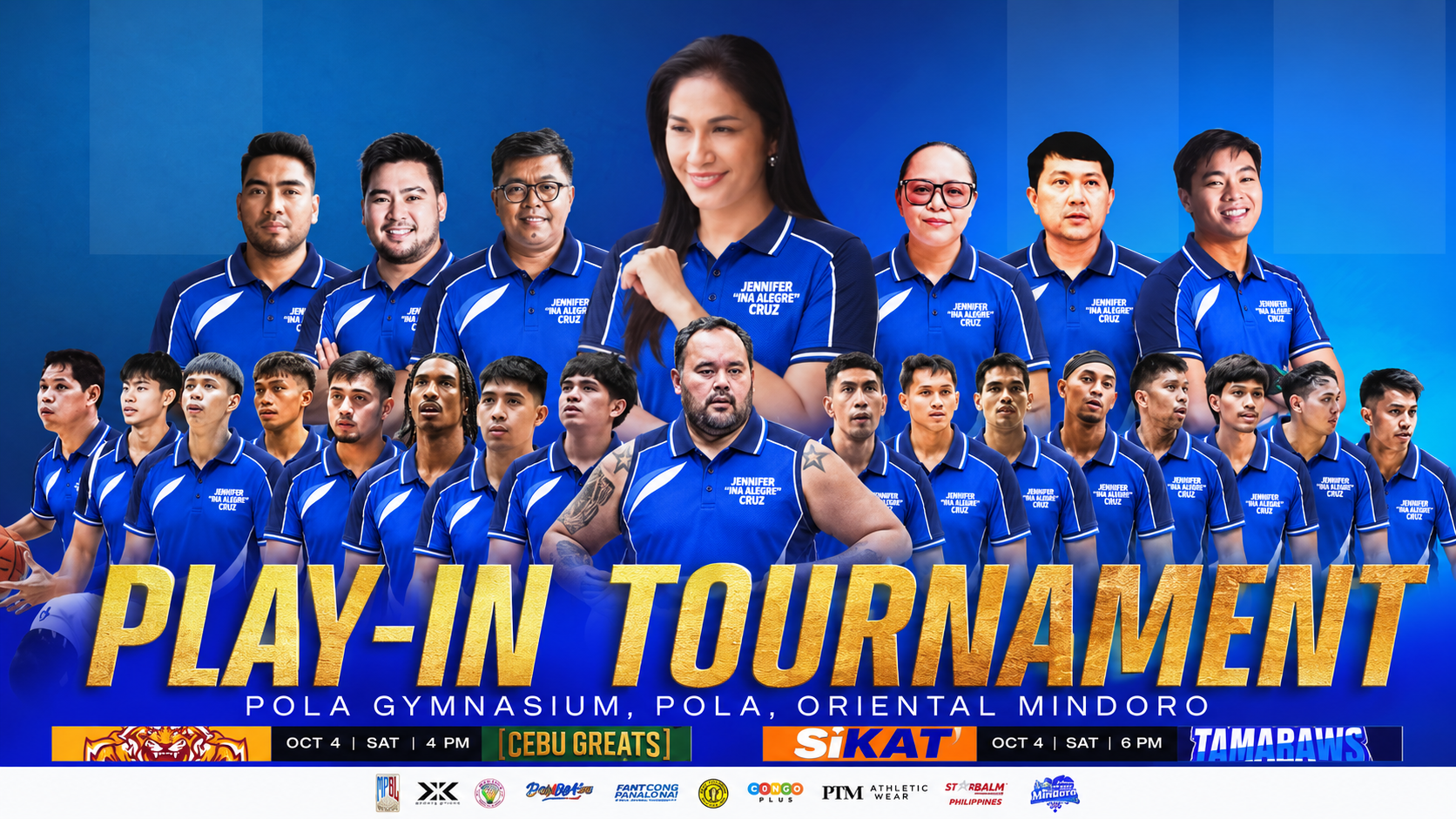 JMC Play-In Tournament poster — Pola Gymnasium, Pola, Oriental Mindoro, October 4 (Saturday), with matchups at 4:00 PM and 6:00 PM.