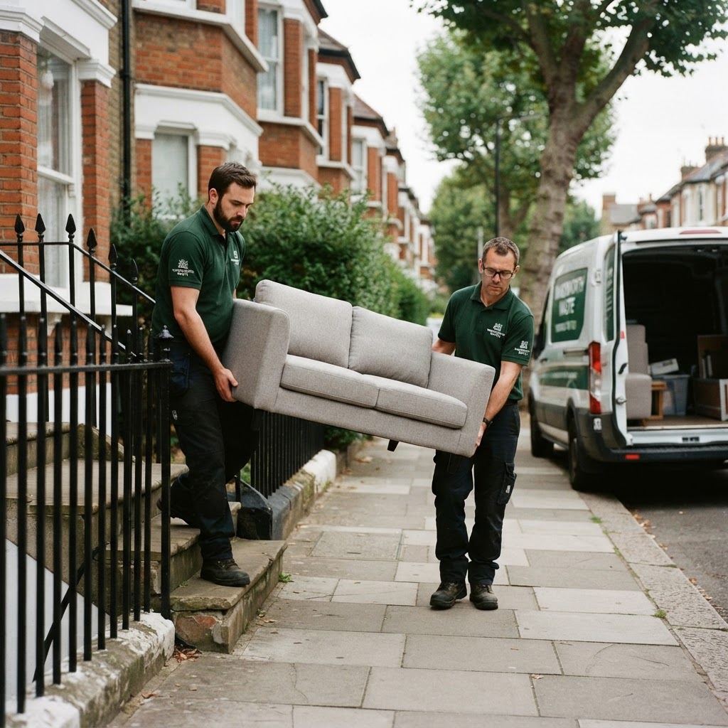 Wandsworth Waste Clearance Pricing | Wandsworth & South West London Two Wandsworth Waste operatives in green uniforms carrying a sofa together to a correctly loaded van in Wandsworth