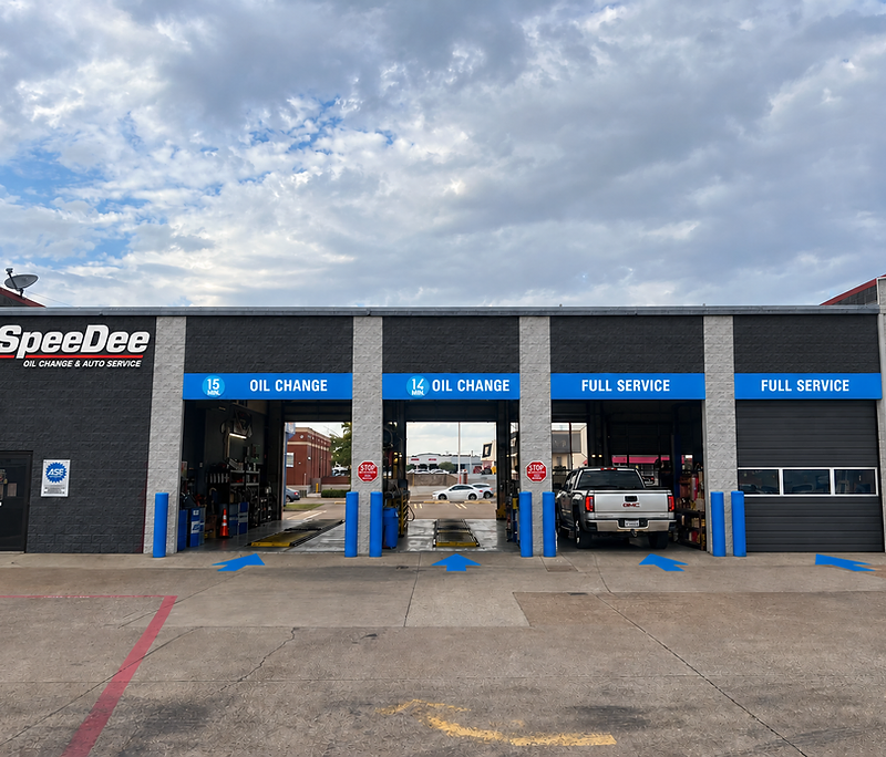 Newly painted SpeeDee Oil Change storefront in Bedford, TX