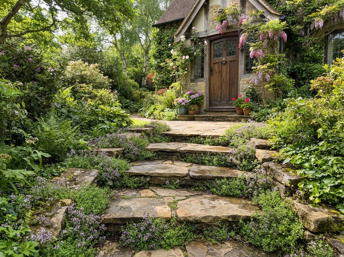 Stone steps with creeping thyme ground cover