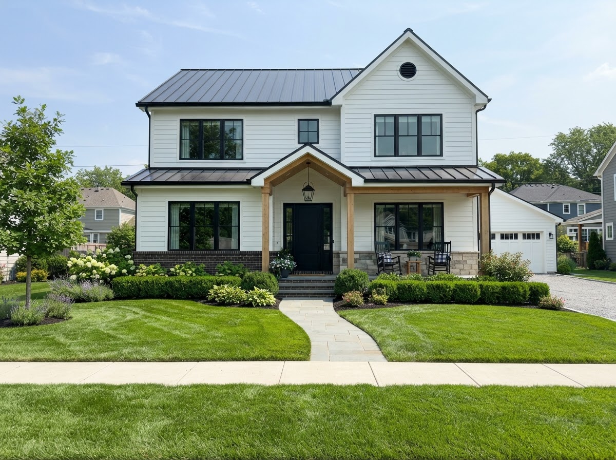 Modern farmhouse with boxwood hedge border