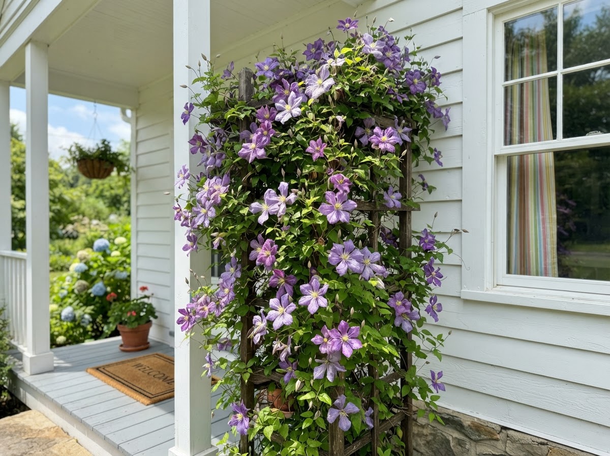 Trellis with purple clematis vines