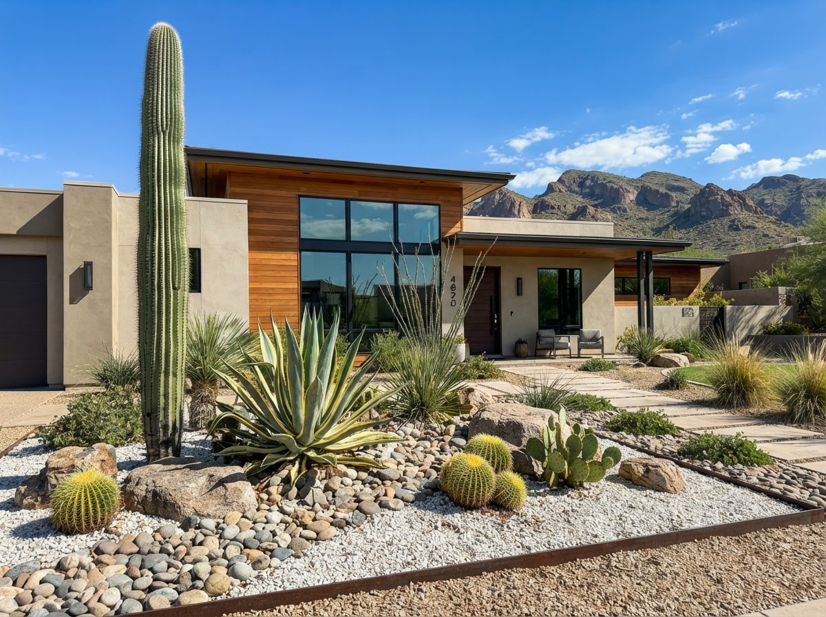 White stone mulch with cactus