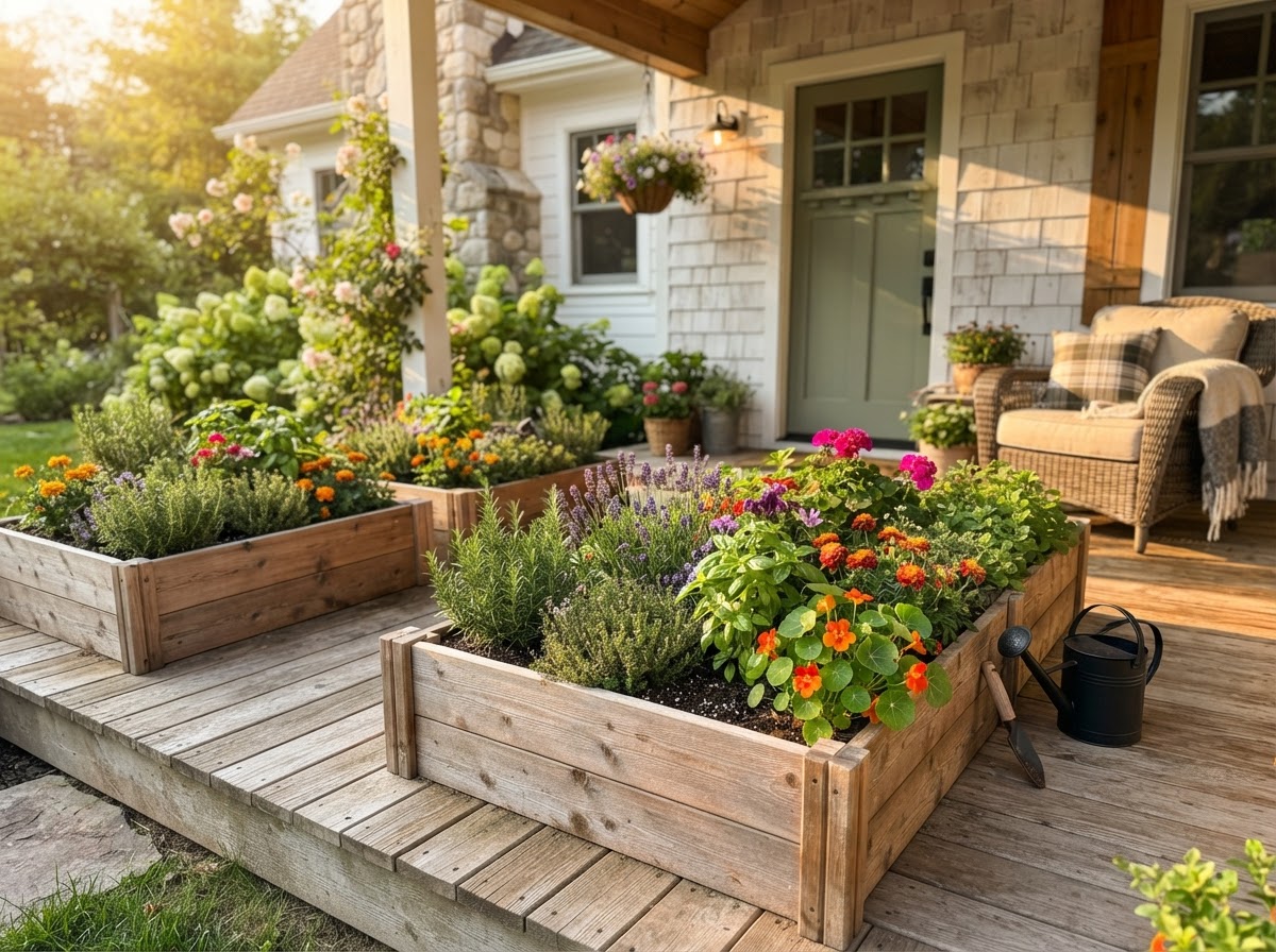 Raised wooden cedar garden boxes on porch