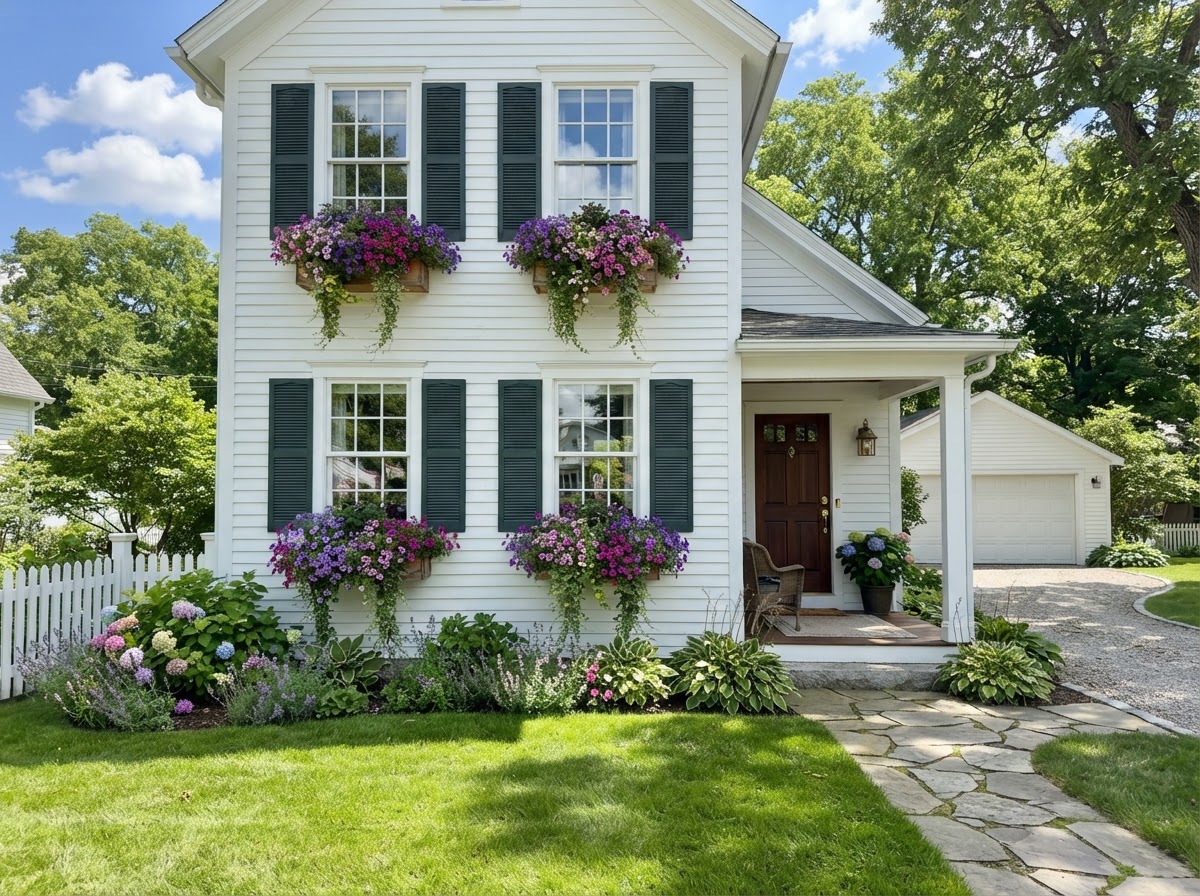 Window boxes with petunias
