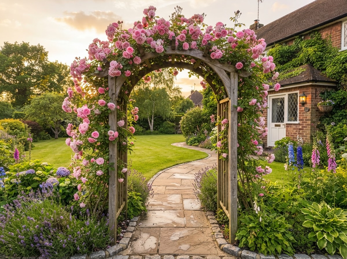 Arbor with climbing roses