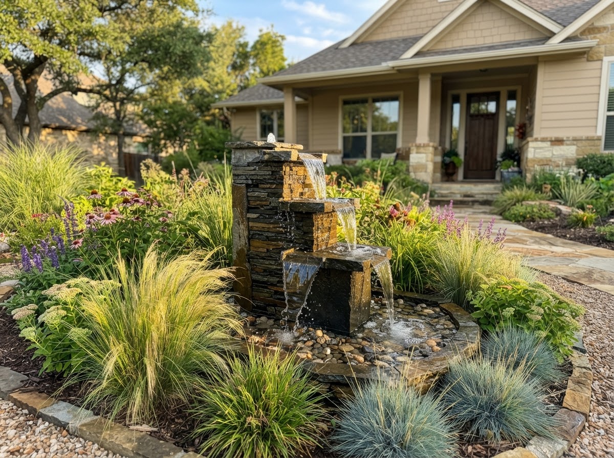Front yard stone fountain water feature