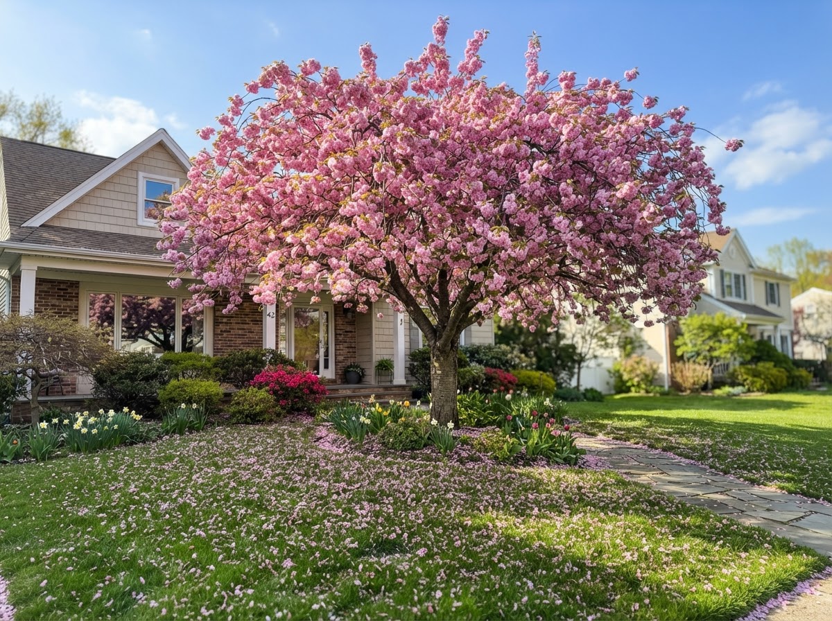 Flowering cherry tree in full bloom