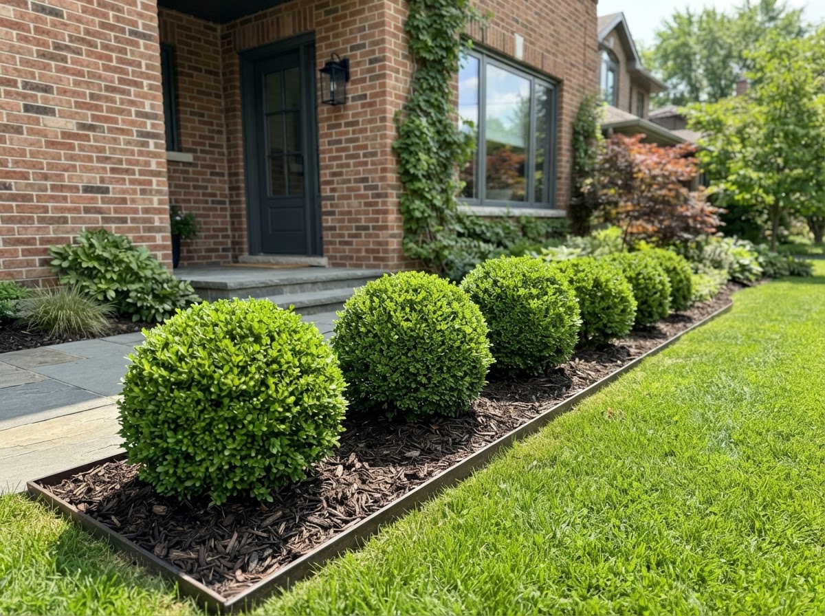 Boxwood topiary spheres in mulch bed