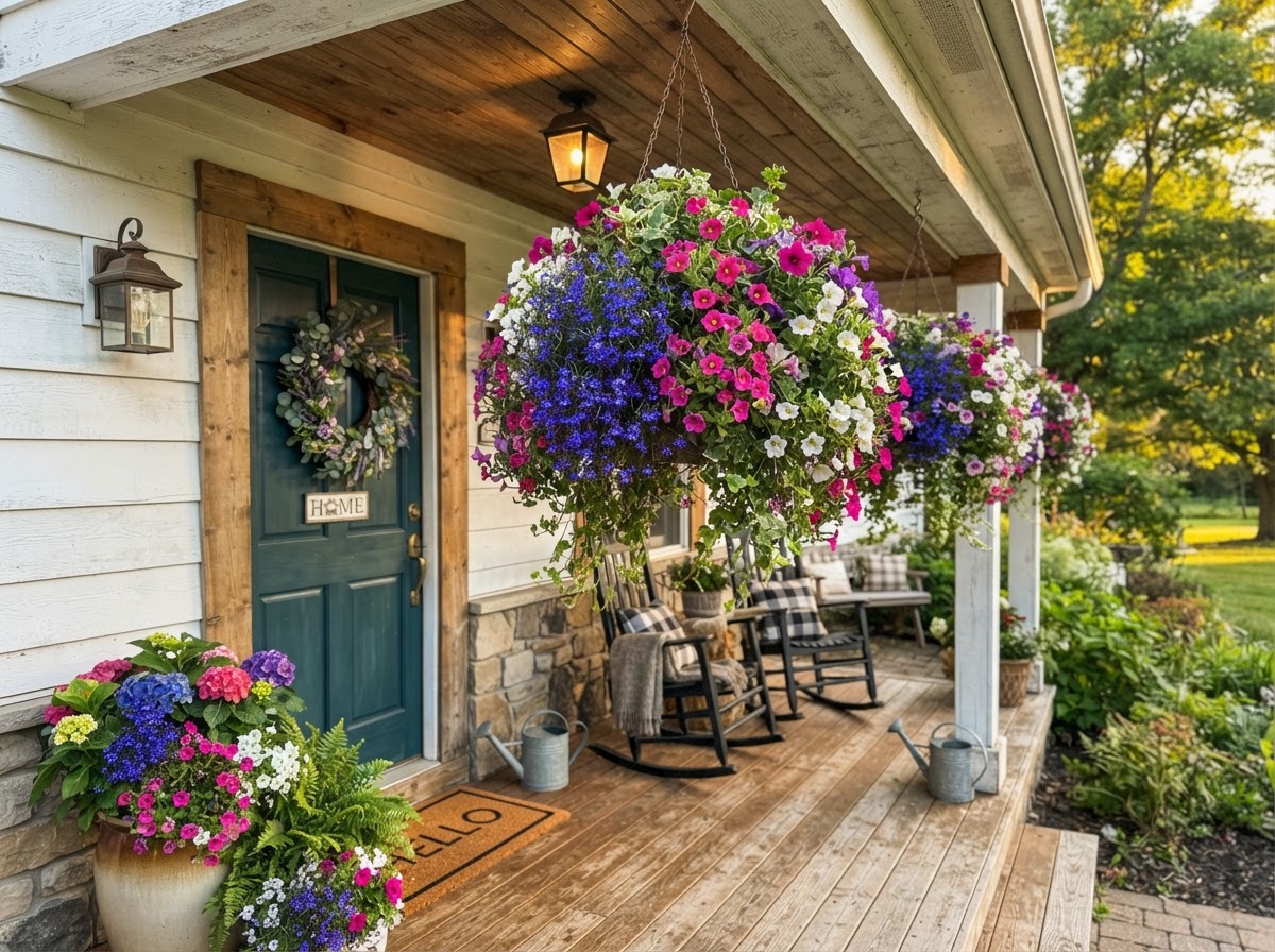 Front porch hanging baskets with flowers
