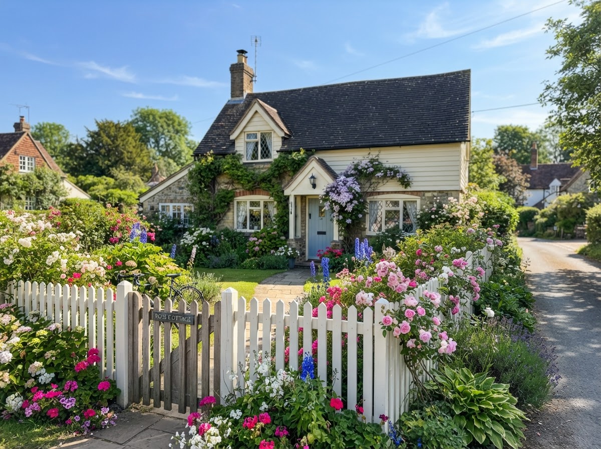 White picket fence with flowers