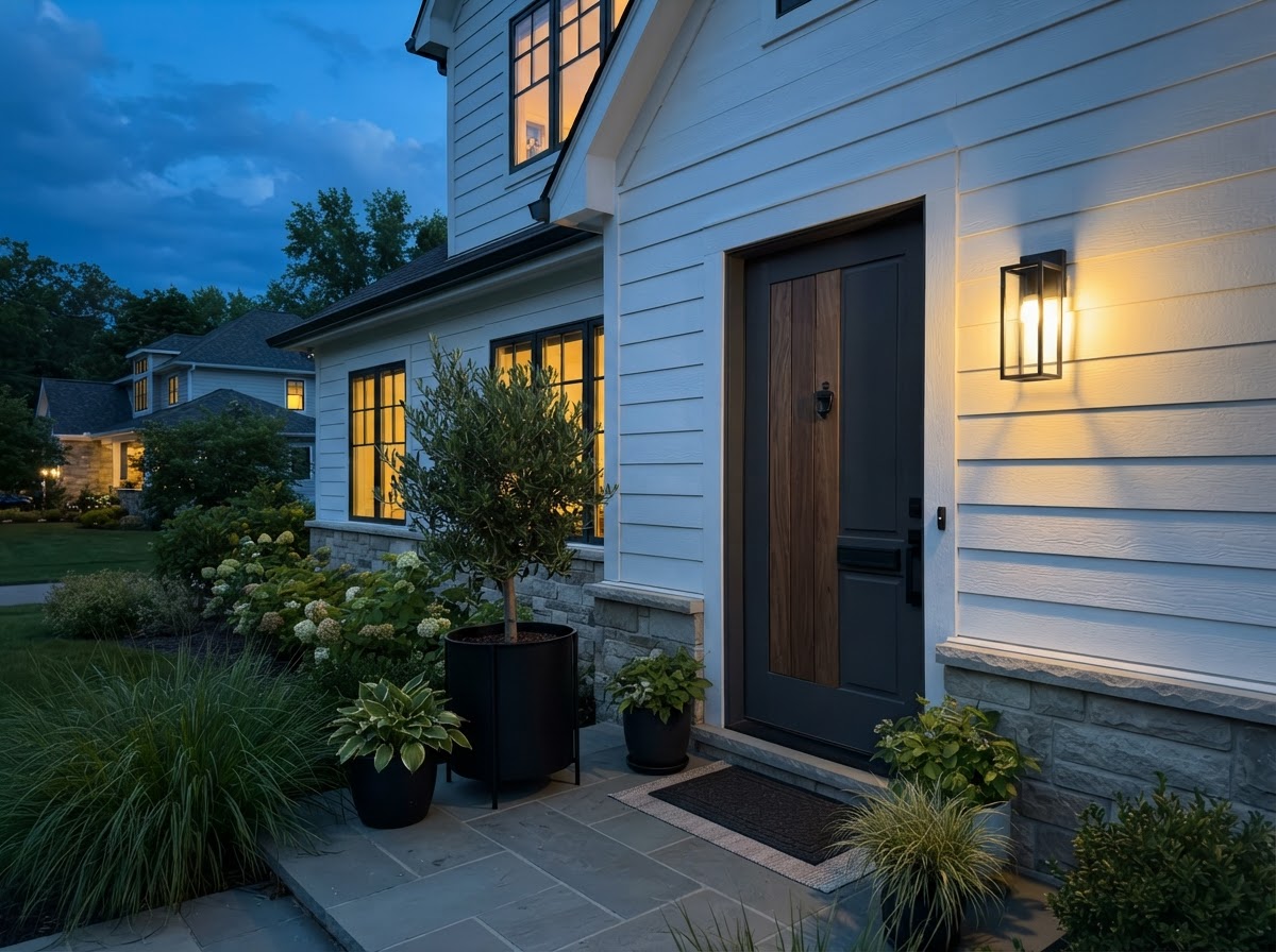 Modern matte black wall sconce at dusk
