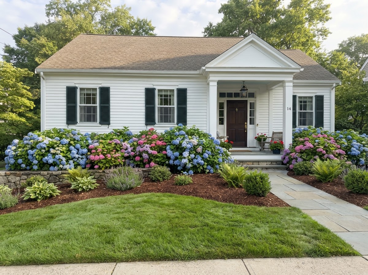 Hydrangea bushes along house foundation