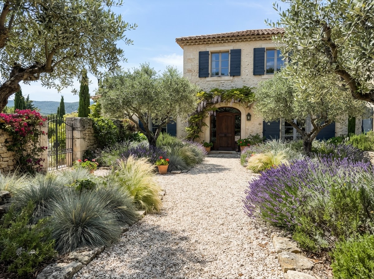 Pale limestone gravel garden with olive trees