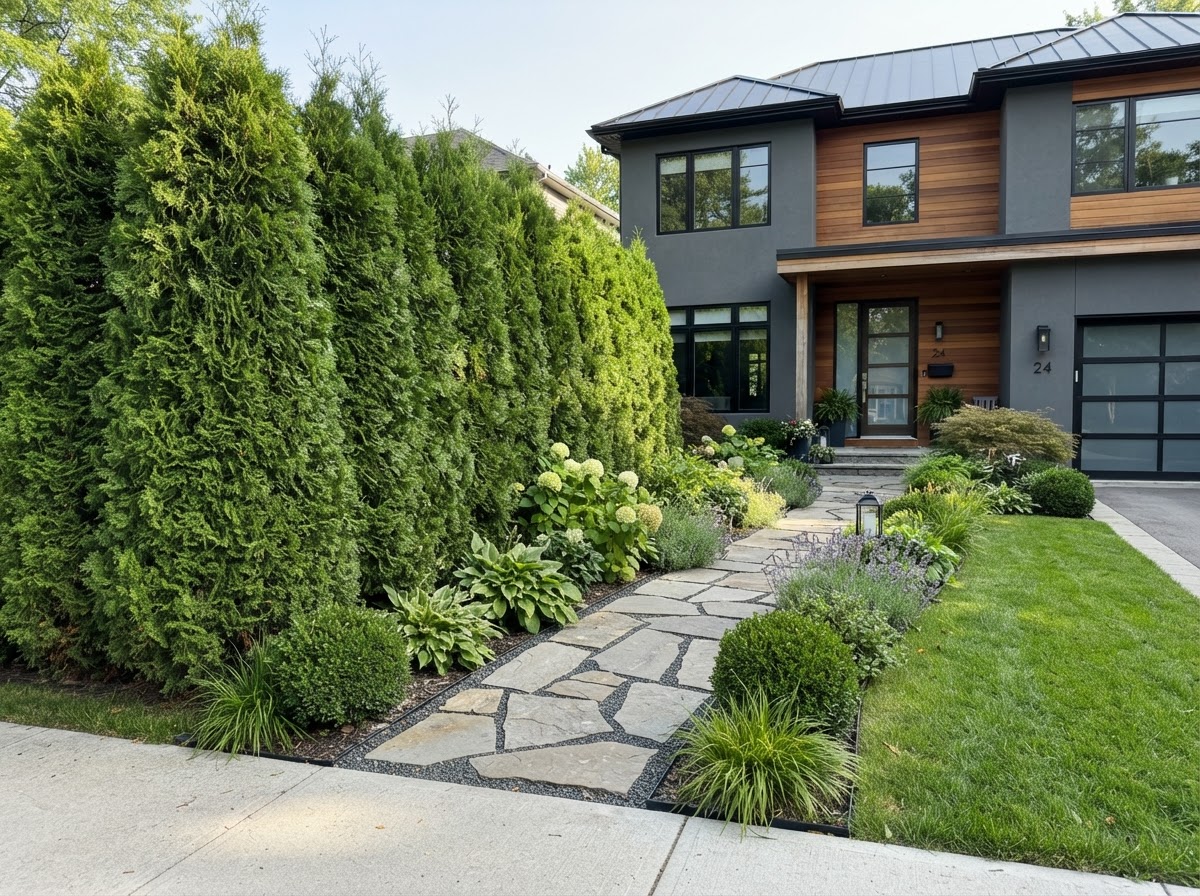 Arborvitae evergreen privacy hedge