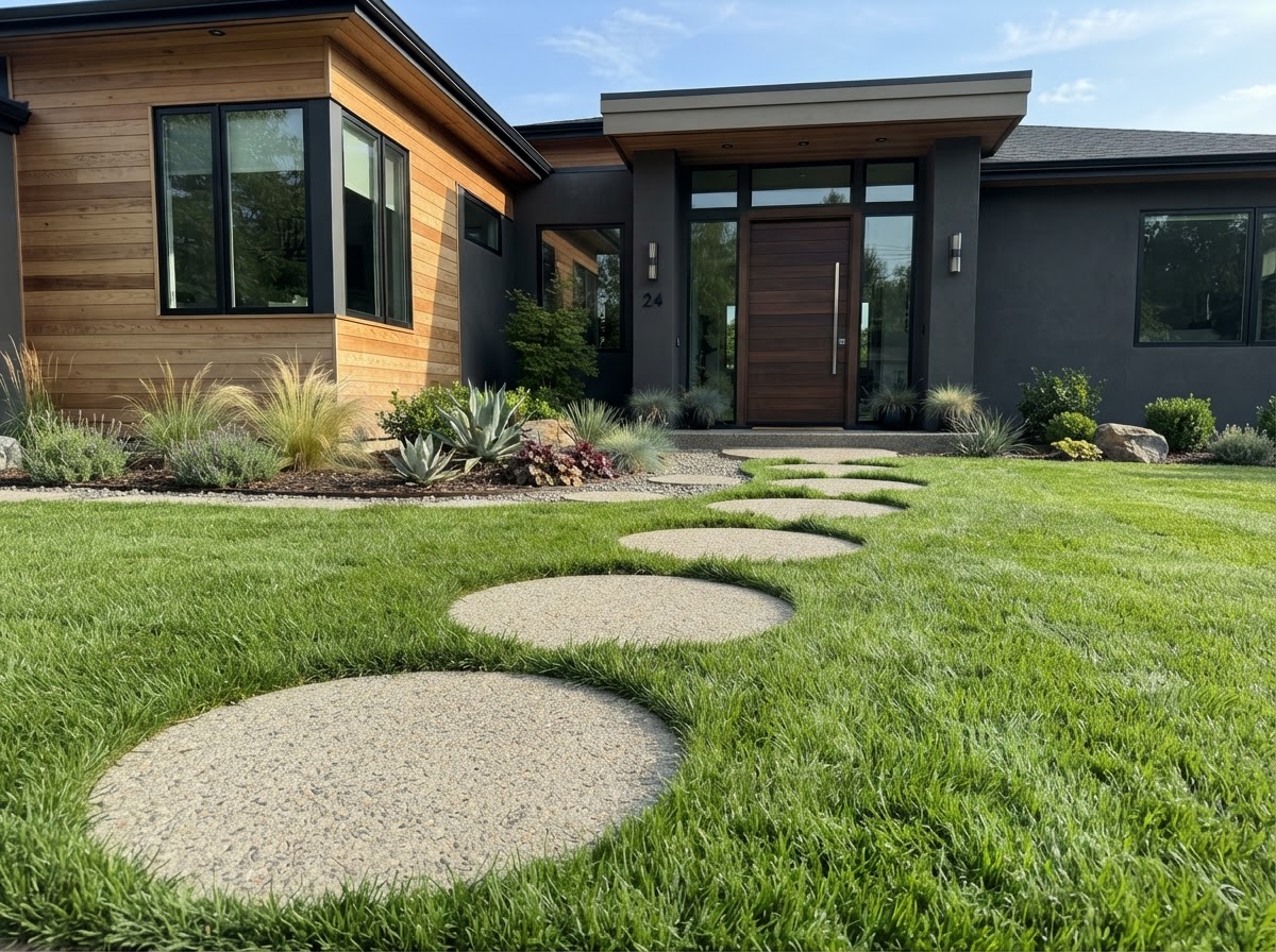 Round stepping stones through green lawn