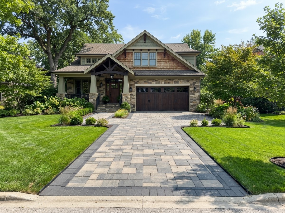 Symmetrical concrete paver driveway